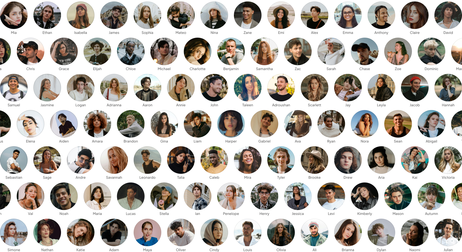 A wall of Drop Socials member profile photos with first names